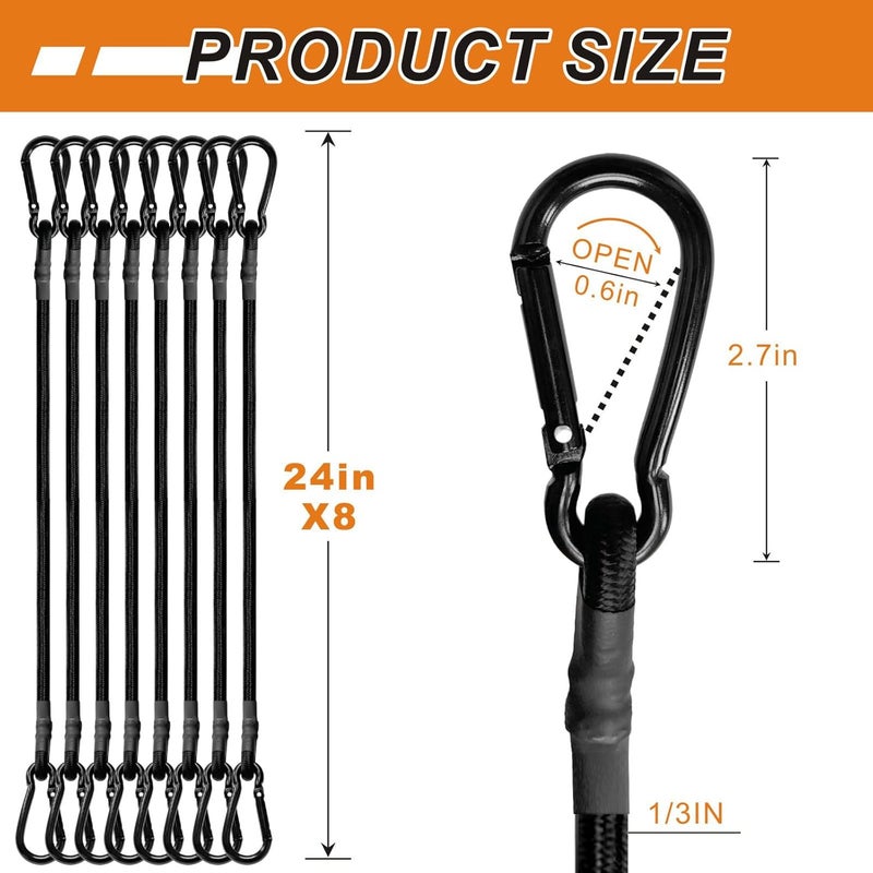BEXSLE 8 Pcs 24in Bungee Cords with Carabiner Hooks Heavy Duty, Outdoor Black Bungee Straps, Strong Industrial Grade Elastic Bungee Rope for Securing Tarps, Luggage, Tents，Bikes or Garden Tidying - Image 5